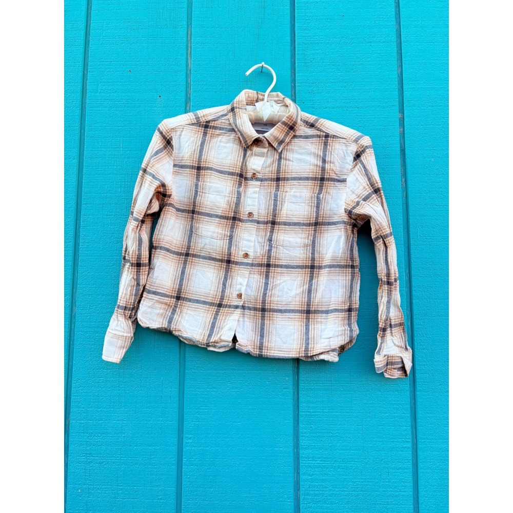 Clueless Preppy Kids Tan Cream Plaid Flannel Button Down‎ Shirt  Long Sleeve